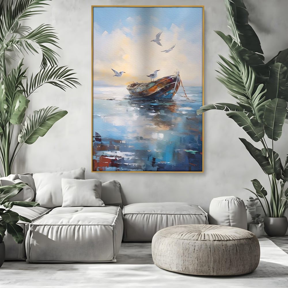Tablou canvas cu tablou canvas cu barca si pescarusi, in rama de aluminiu auriu, pe perete intr-un living